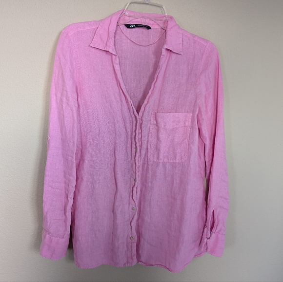 Zara Tops - Zara Size Medium Light Pink 100% Linen Blouse Top Long Sleeve Button Up